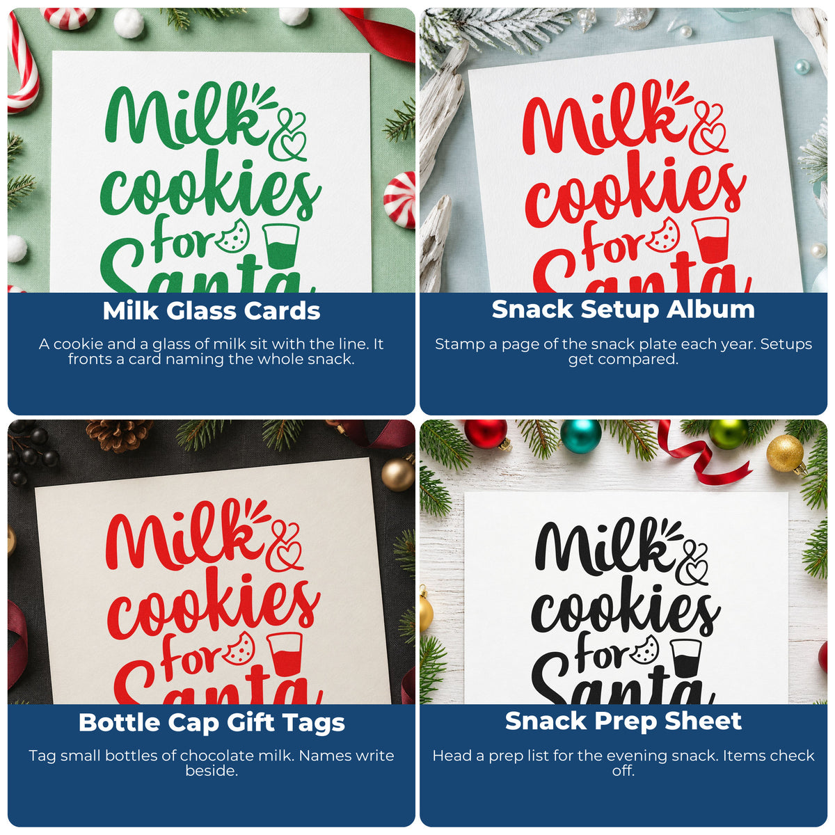 Four ways to use the Milk And Cookies For Santa Self-Inking Craft Stamp: milk glass cards, snack setup album, bottle cap gift tags and snack prep sheet.