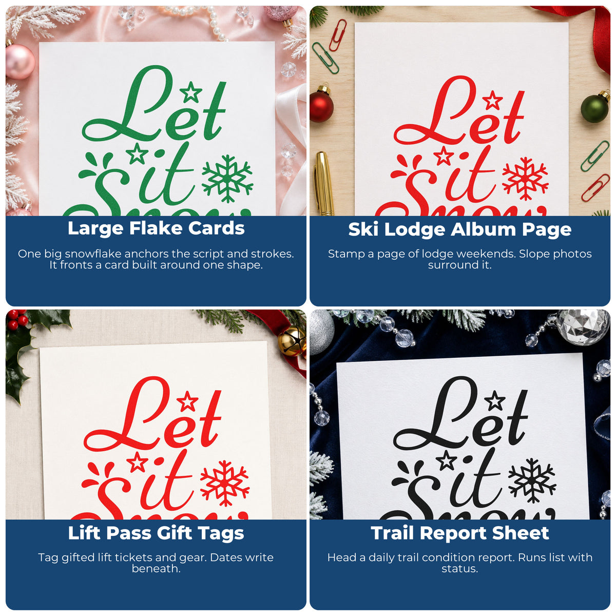 Four ways to use the Let It Snow Stars Self-Inking Stamp: large flake cards, ski lodge album page, lift pass gift tags and trail report sheet.