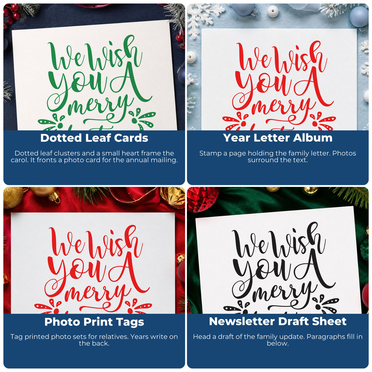 Four ways to use the We Wish Merry Christmas Slim Pre-Inked Stamp: dotted leaf cards, year letter album, photo print tags and newsletter draft sheet.