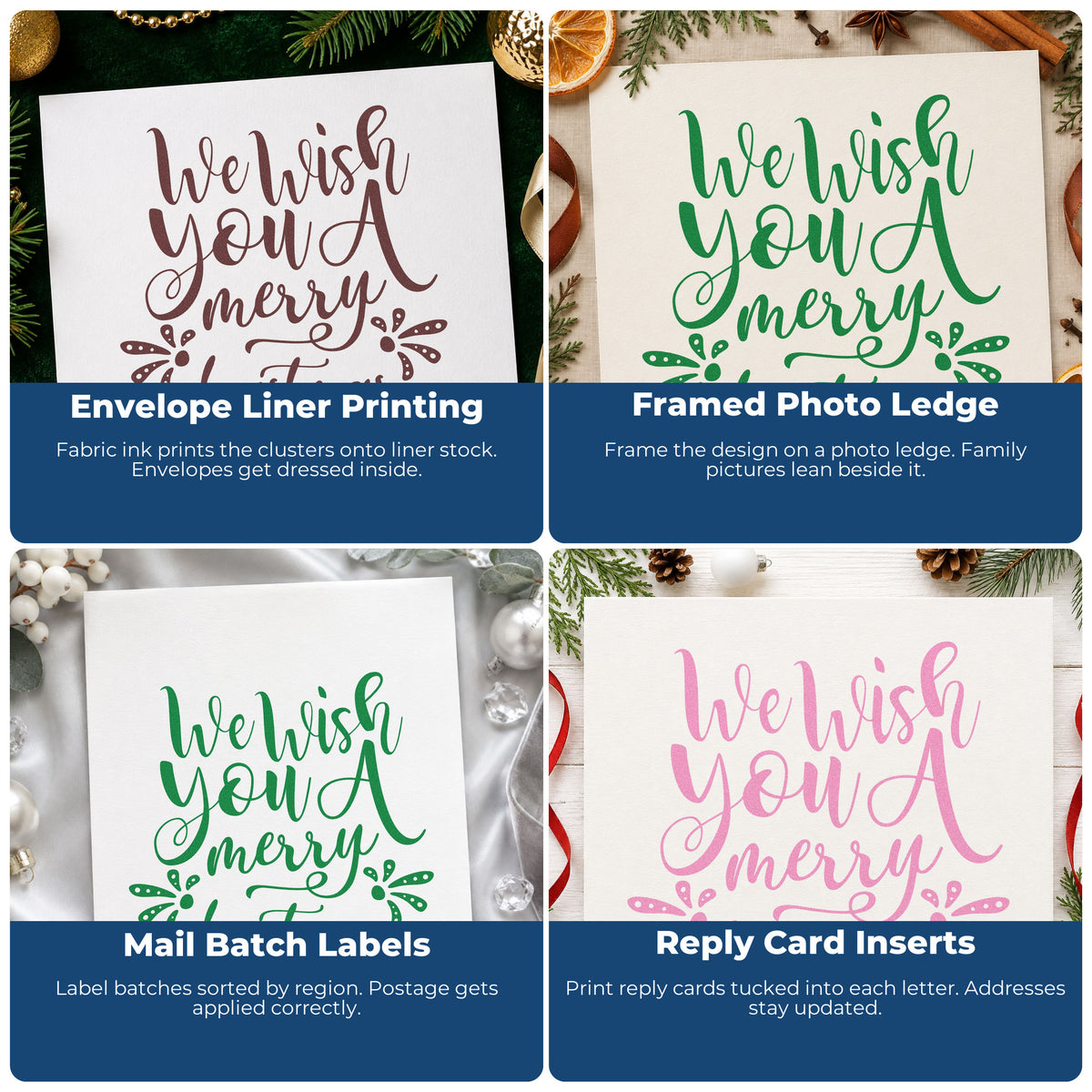 Four ways to use the We Wish Merry Christmas Stamp – Duo Hand: envelope liner printing, framed photo ledge, mail batch labels and reply card inserts.