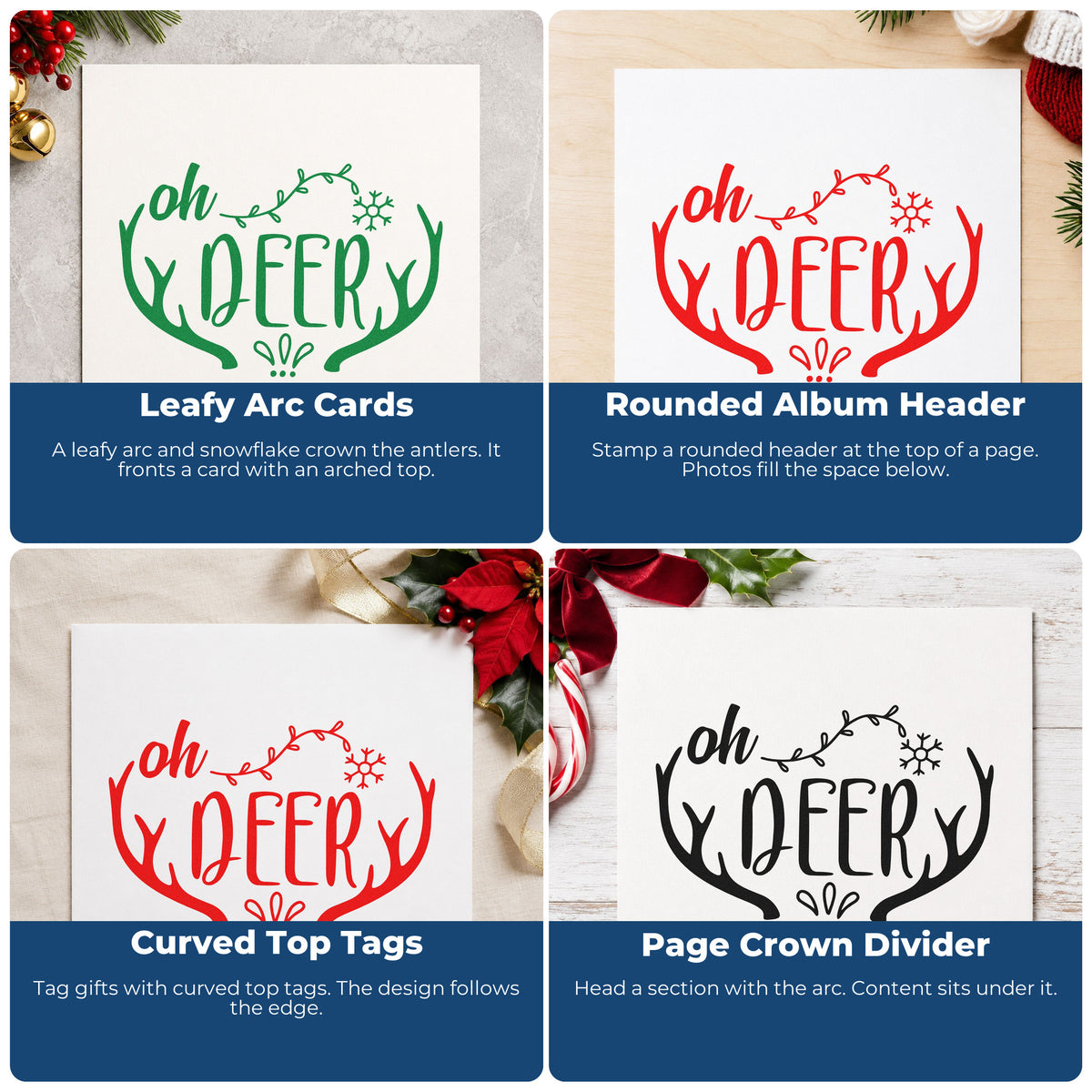 Four ways to use the Oh Deer Antler Framed Lettering Slim Pre-Inked Stamp: leafy arc cards, rounded album header, curved top tags and page crown divider.