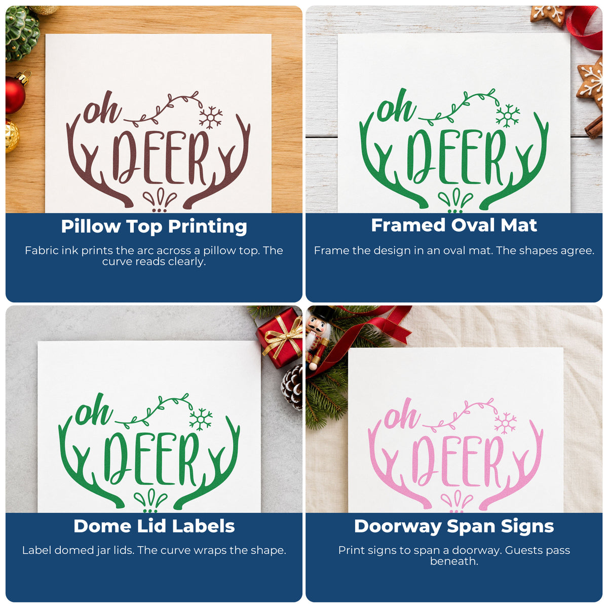 Four ways to use the Duo Hand Oh Deer Antler Framed Lettering Rubber Stamp: pillow top printing, framed oval mat, dome lid labels and doorway span signs.