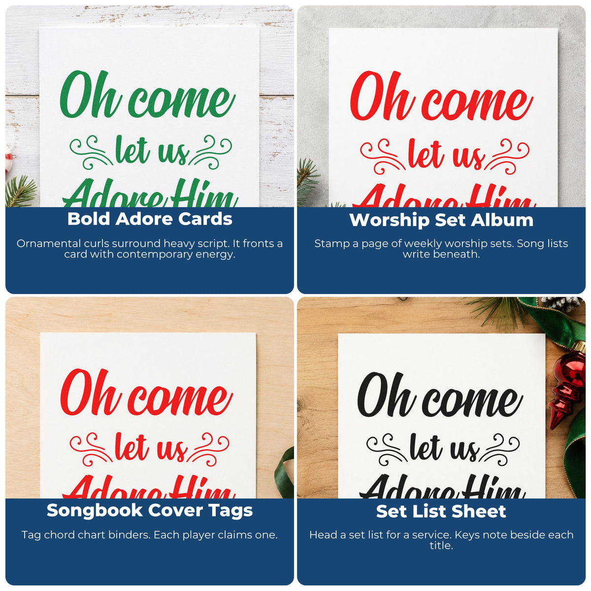 Four ways to use the Oh Come Let Us Adore Him Rubber Stamp – Wood Handle: bold adore cards, worship set album, songbook cover tags and set list sheet.