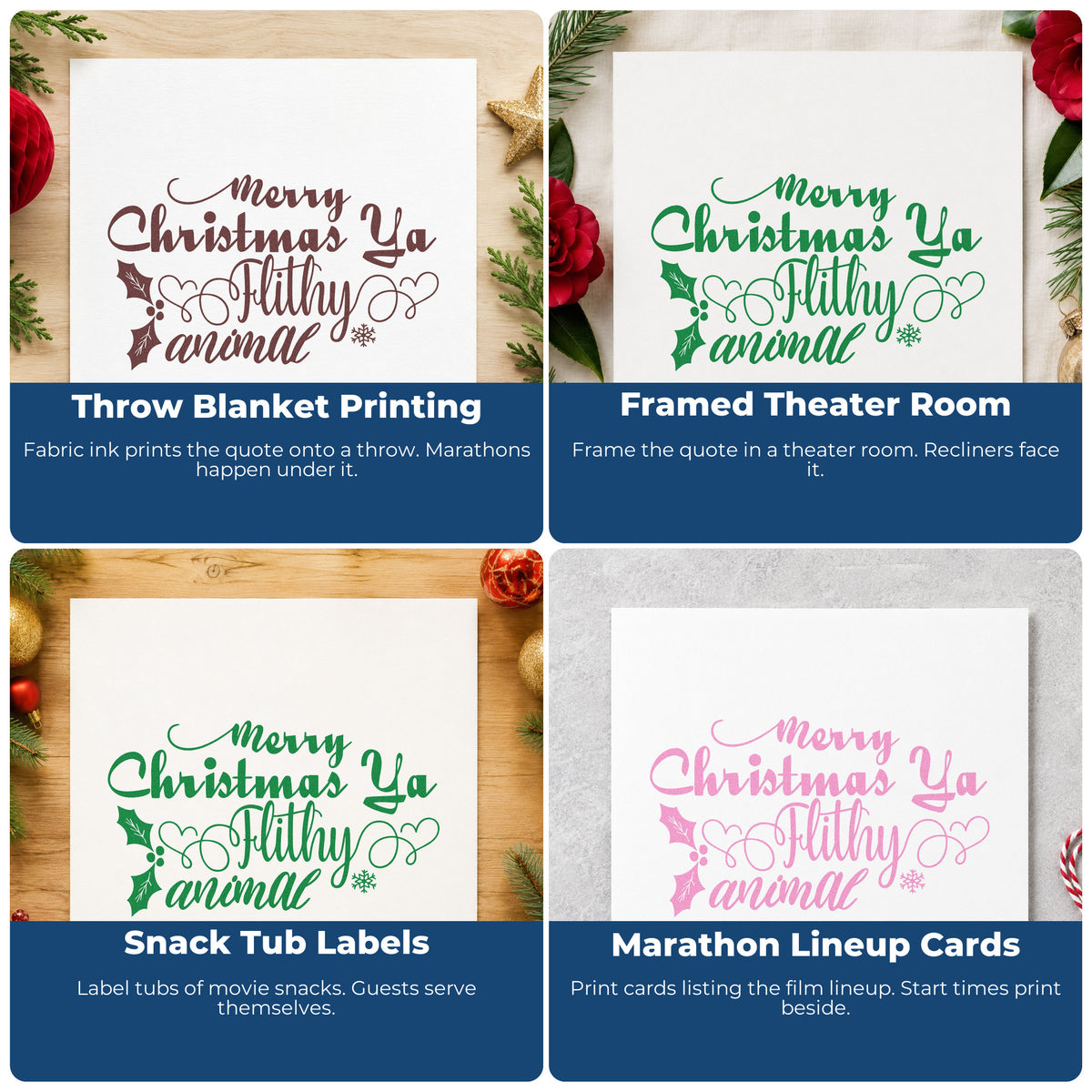 Four ways to use the Merry Christmas Ya Filthy Animal Leaf Accents Slim Pre-Inked Stamp: throw blanket printing, framed theater room, snack tub labels and marathon lineup cards.