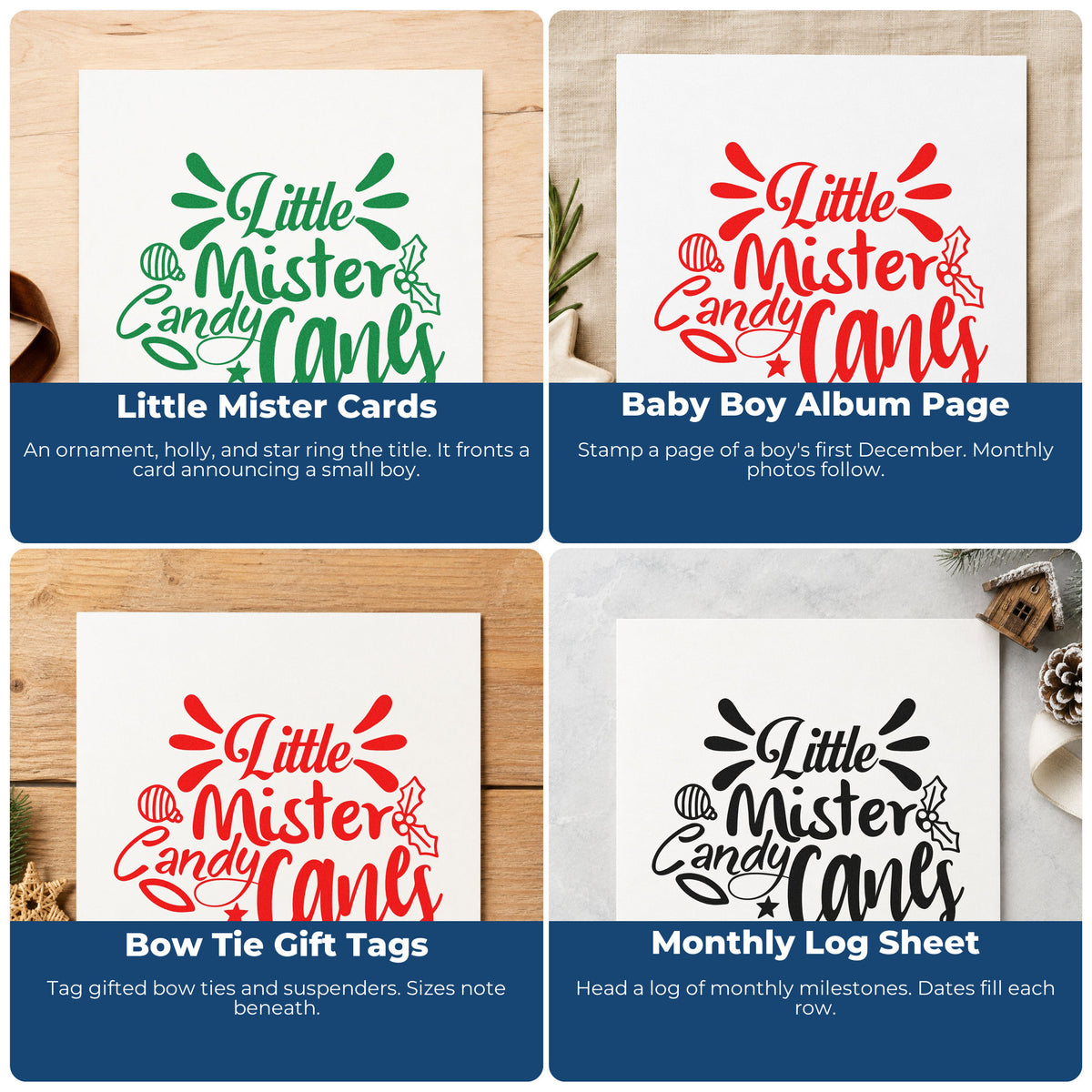 Four ways to use the Holly Ornament Little Mister Candy Canes Self-Inking Stamp: little mister cards, baby boy album page, bow tie gift tags and monthly log sheet.