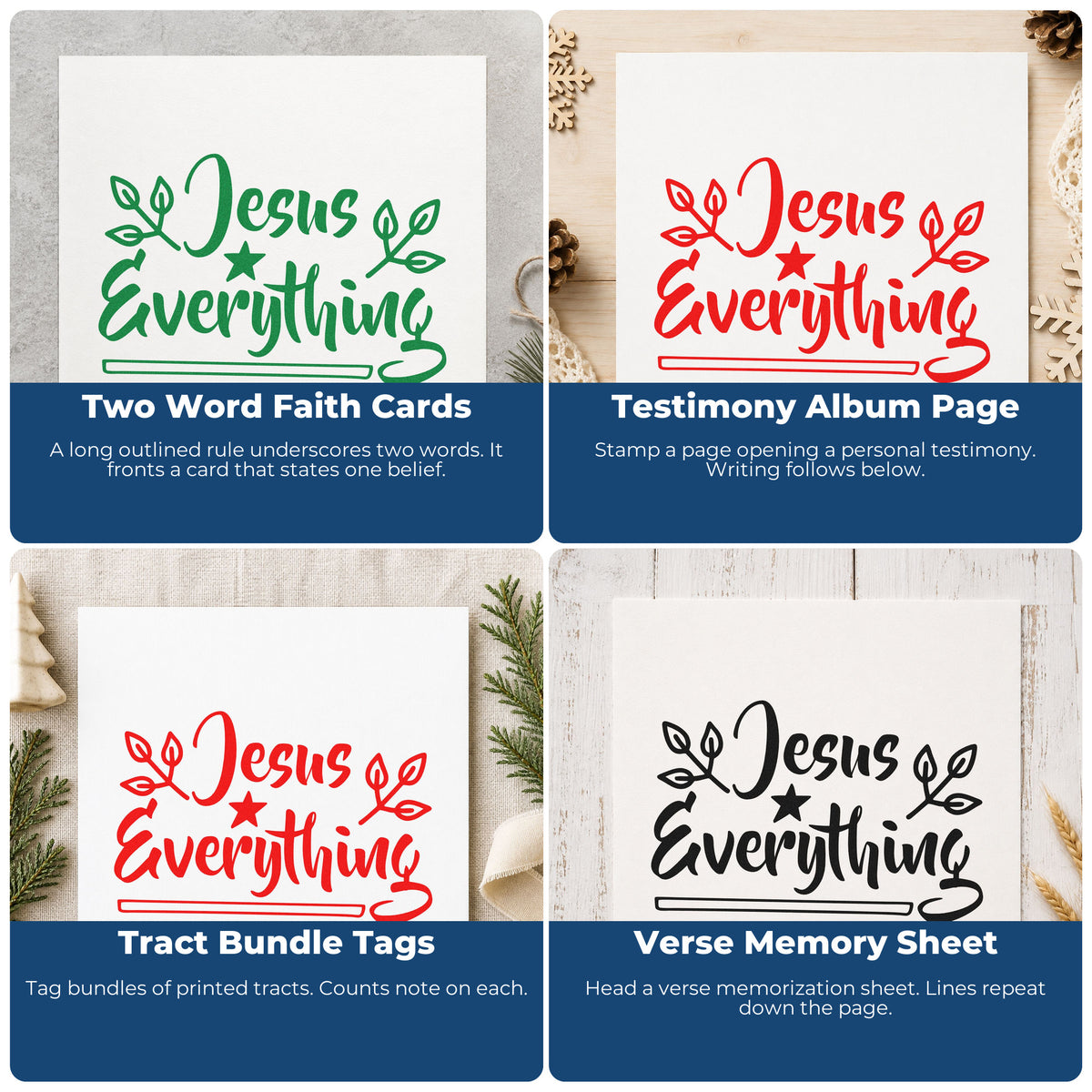 Four ways to use the Star And Leafy Sprigs With Jesus Everything Stamp – Self-Inking: two word faith cards, testimony album page, tract bundle tags and verse memory sheet.