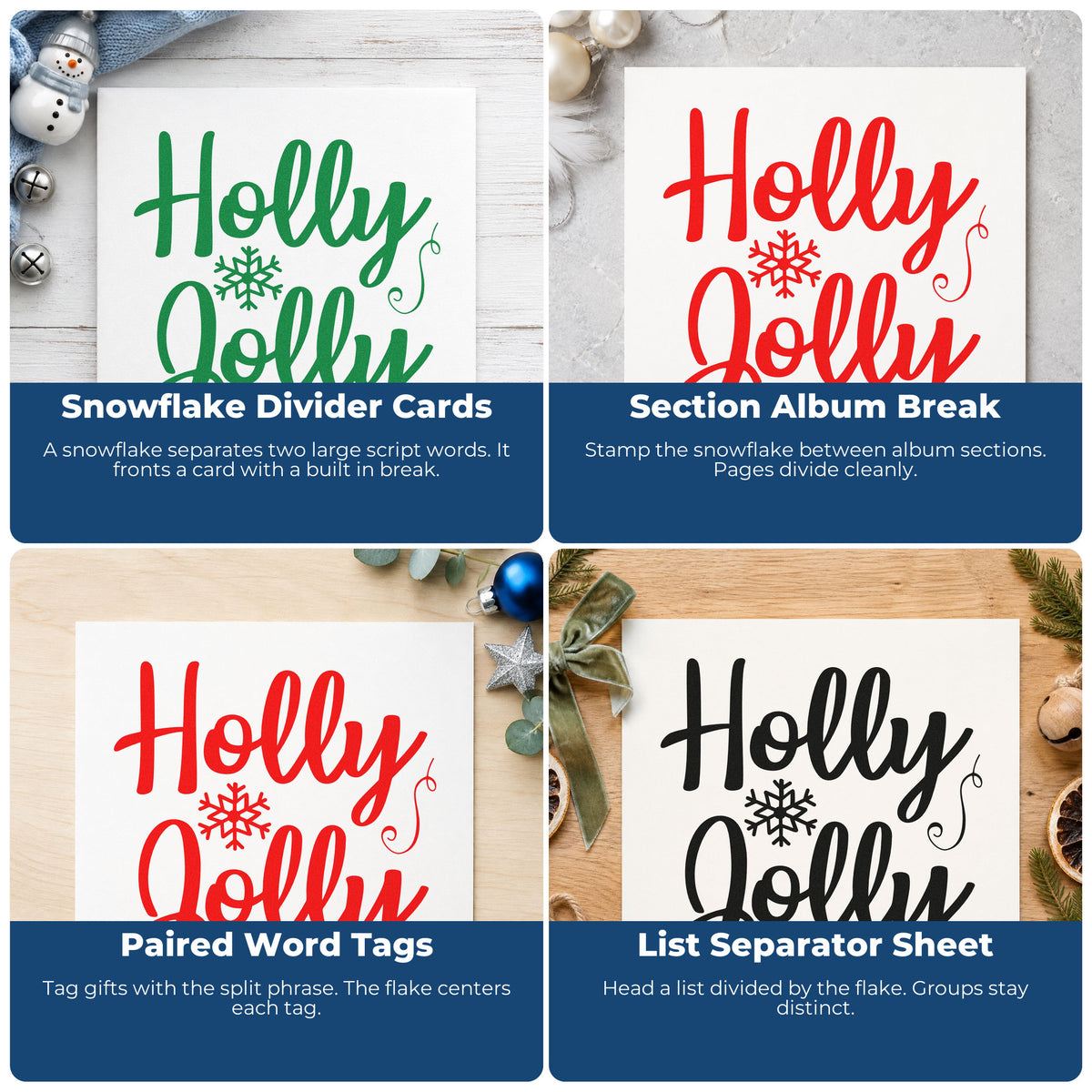 Four ways to use the Holly Jolly Snowflake Script Lettering Rubber Stamp – Duo Hand: snowflake divider cards, section album break, paired word tags and list separator sheet.