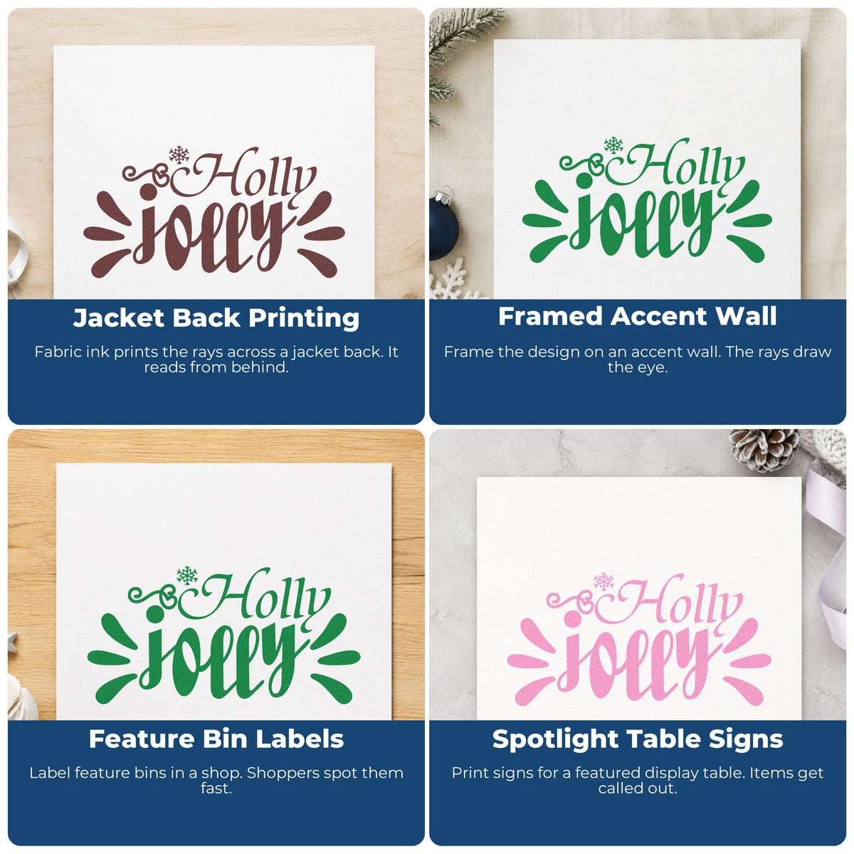 Four ways to use the Holly Jolly Accent Rays Pre-Inked Stamp – Slim: jacket back printing, framed accent wall, feature bin labels and spotlight table signs.
