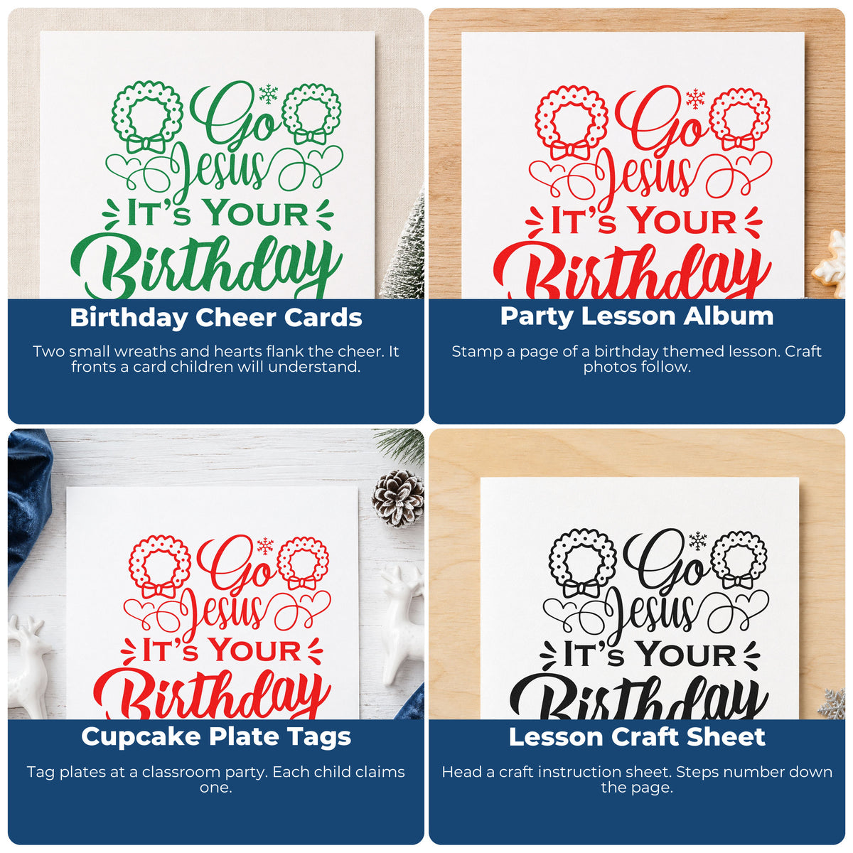 Four ways to use the Go Jesus It's Your Birthday With Hearts Slim Pre-Inked Stamp: birthday cheer cards, party lesson album, cupcake plate tags and lesson craft sheet.
