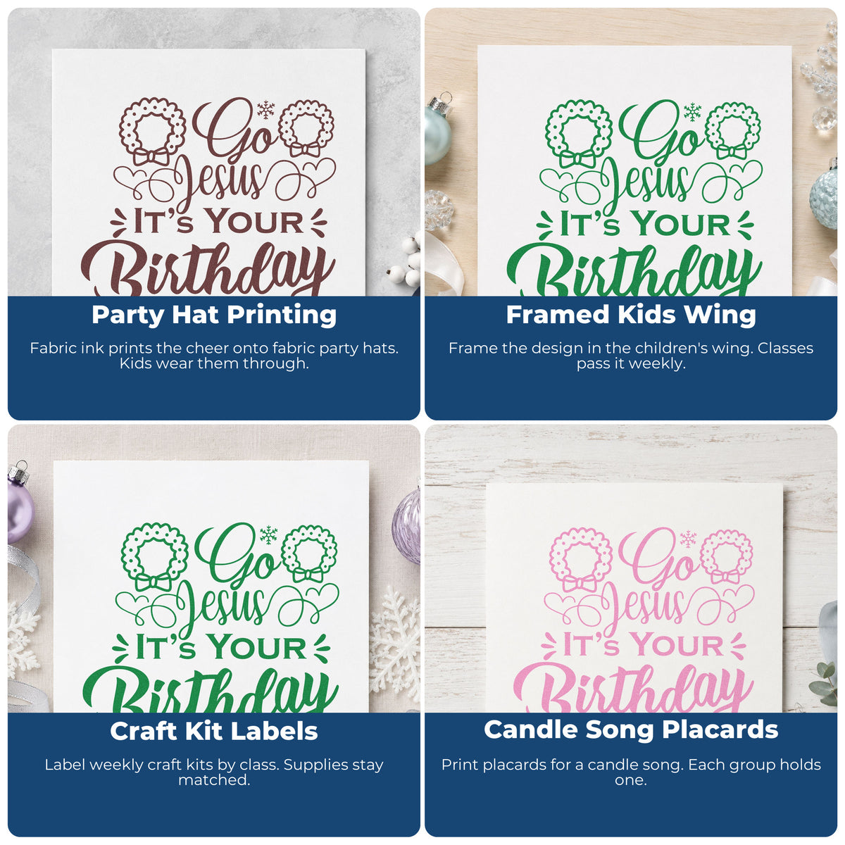Four ways to use the Go Jesus It's Your Birthday With Hearts Slim Pre-Inked Stamp: party hat printing, framed kids wing, craft kit labels and candle song placards.