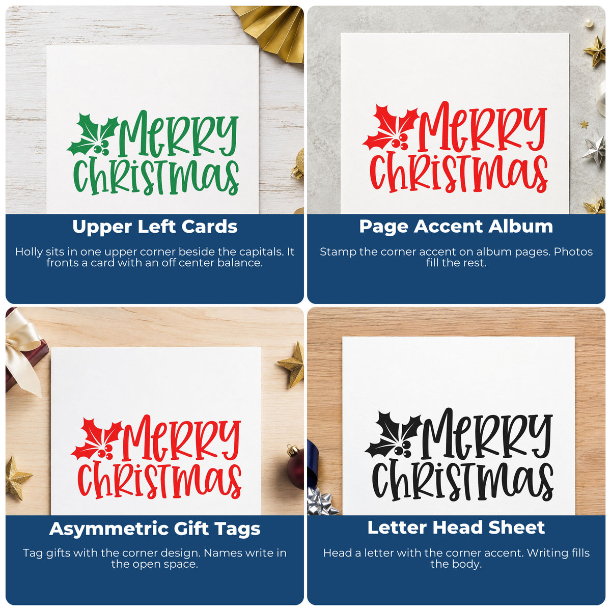 Four ways to use the Merry Christmas Holly Corner Hand Stamp – Duo: upper left cards, page accent album, asymmetric gift tags and letter head sheet.