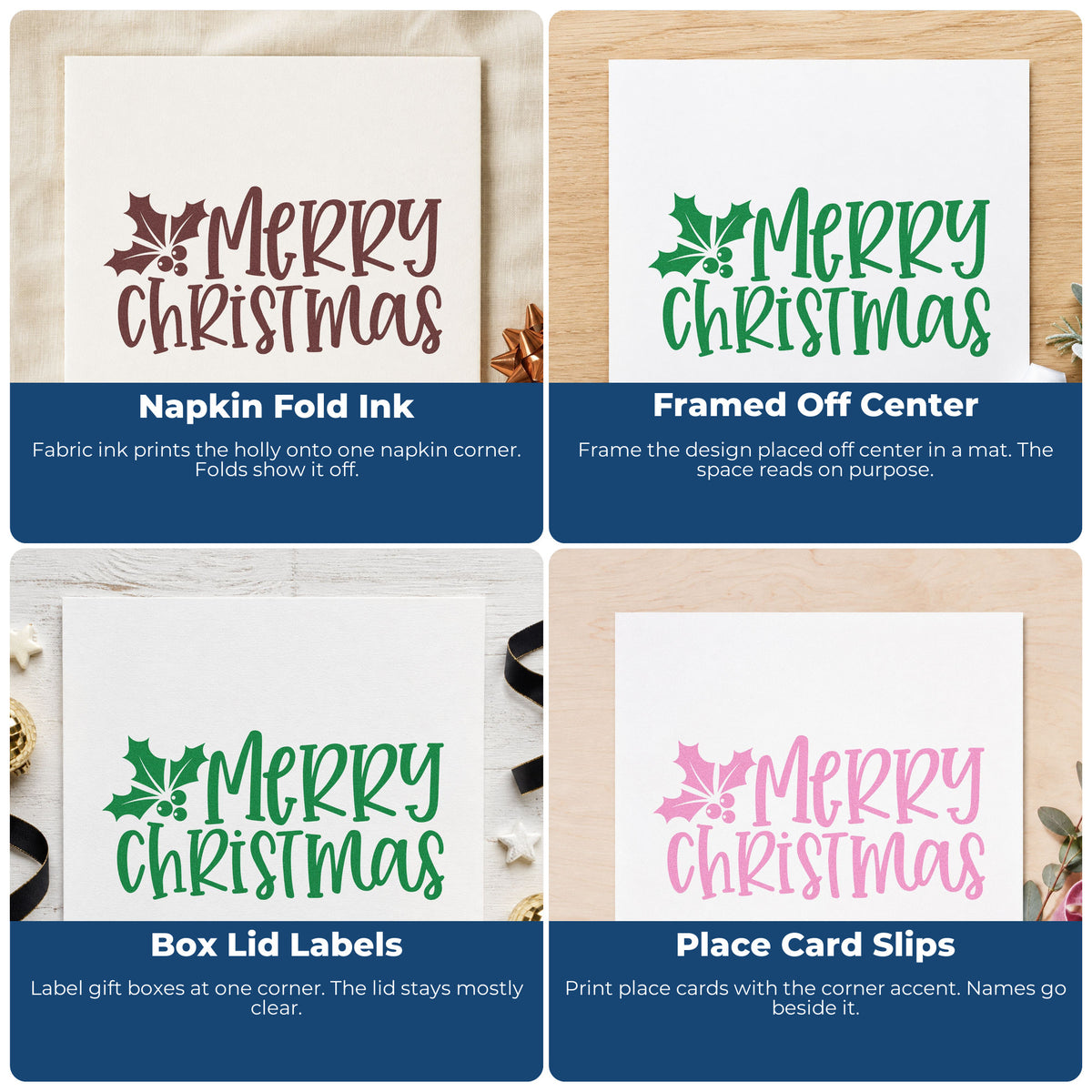 Four ways to use the Merry Christmas Holly Corner Hand Stamp – Duo: napkin fold ink, framed off center, box lid labels and place card slips.