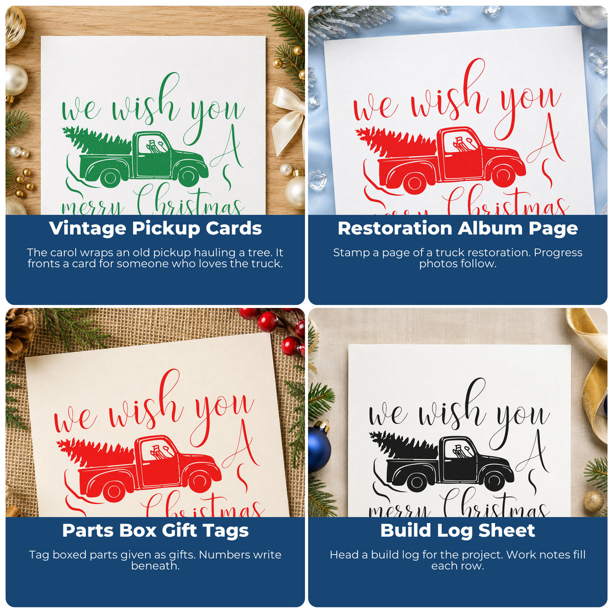 Four ways to use the Wish You Christmas Pickup Tree Motif Self-Inking Stamp: vintage pickup cards, restoration album page, parts box gift tags and build log sheet.