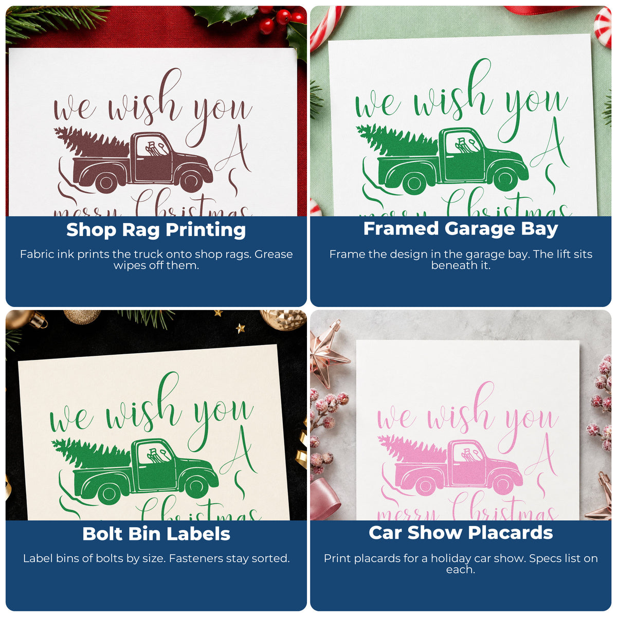 Four ways to use the Wish You Christmas Pickup Tree Motif Pre-Inked Stamp – PSI: shop rag printing, framed garage bay, bolt bin labels and car show placards.