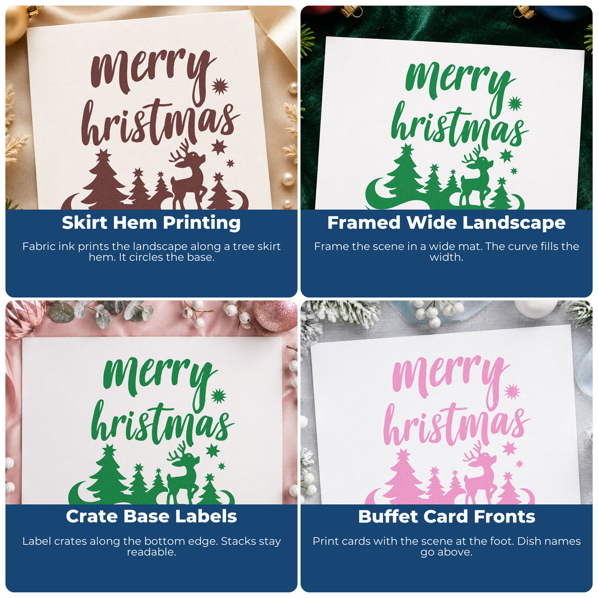 Four ways to use the Pre-Inked Deer And Pines With Holiday Lettering Stamp – PSI: skirt hem printing, framed wide landscape, crate base labels and buffet card fronts.