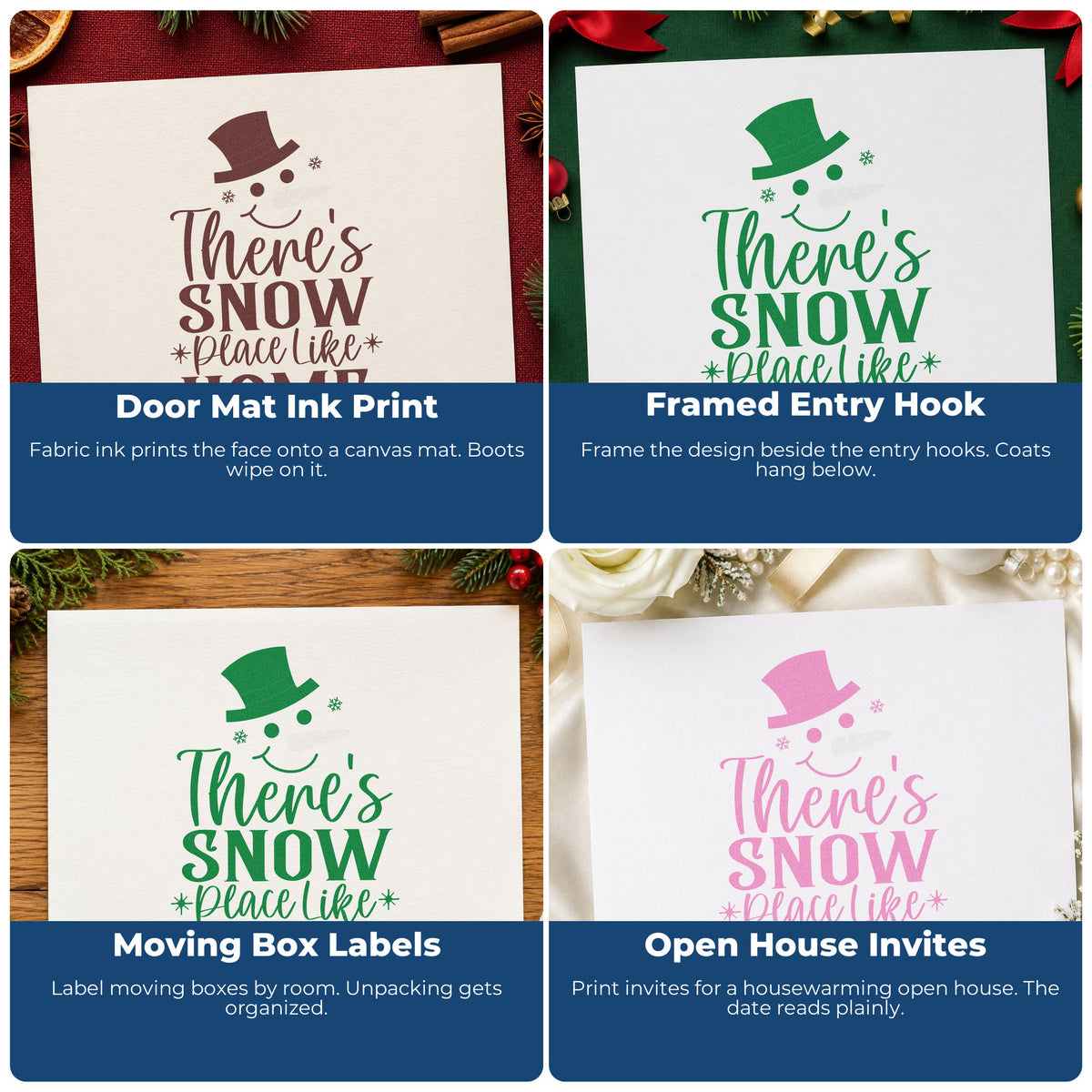 Four ways to use the Snow Place Like Home Stamp – Wood Handle: door mat ink print, framed entry hook, moving box labels and open house invites.