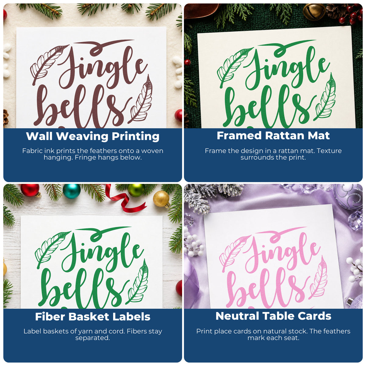 Four ways to use the Feather Accents With Jingle Bells Script Pre-Inked Stamp – Slim: wall weaving printing, framed rattan mat, fiber basket labels and neutral table cards.