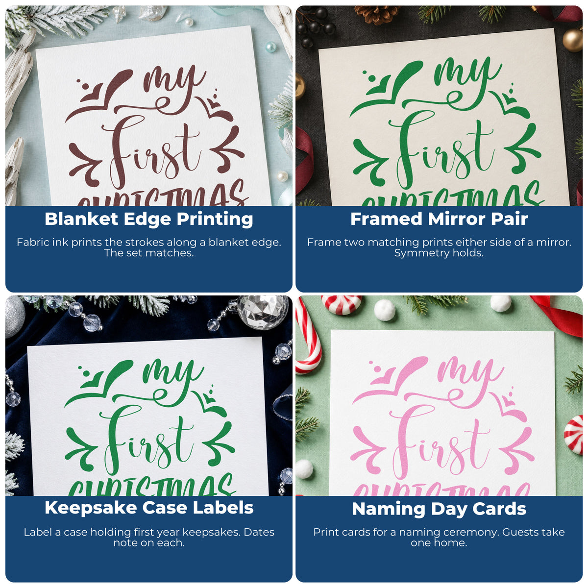 Four ways to use the My First Christmas Slim Pre-Inked Stamp: blanket edge printing, framed mirror pair, keepsake case labels and naming day cards.