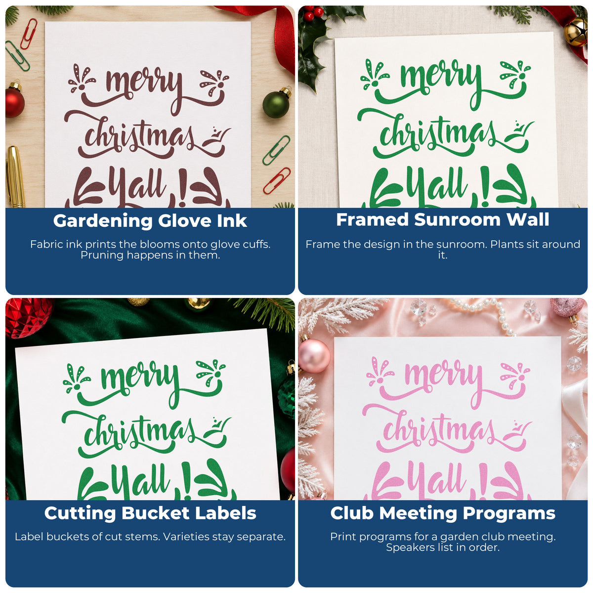 Four ways to use the Merry Christmas Yall Rubber Stamp – Duo Hand: gardening glove ink, framed sunroom wall, cutting bucket labels and club meeting programs.