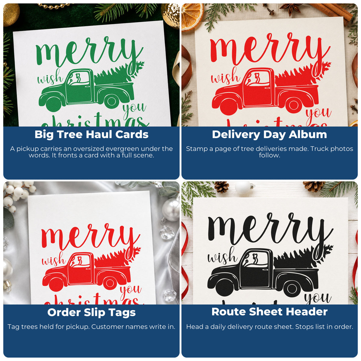 Four ways to use the Merry Christmas Pickup Tree Pine Motif Stamp – PSI Pre-Inked: big tree haul cards, delivery day album, order slip tags and route sheet header.