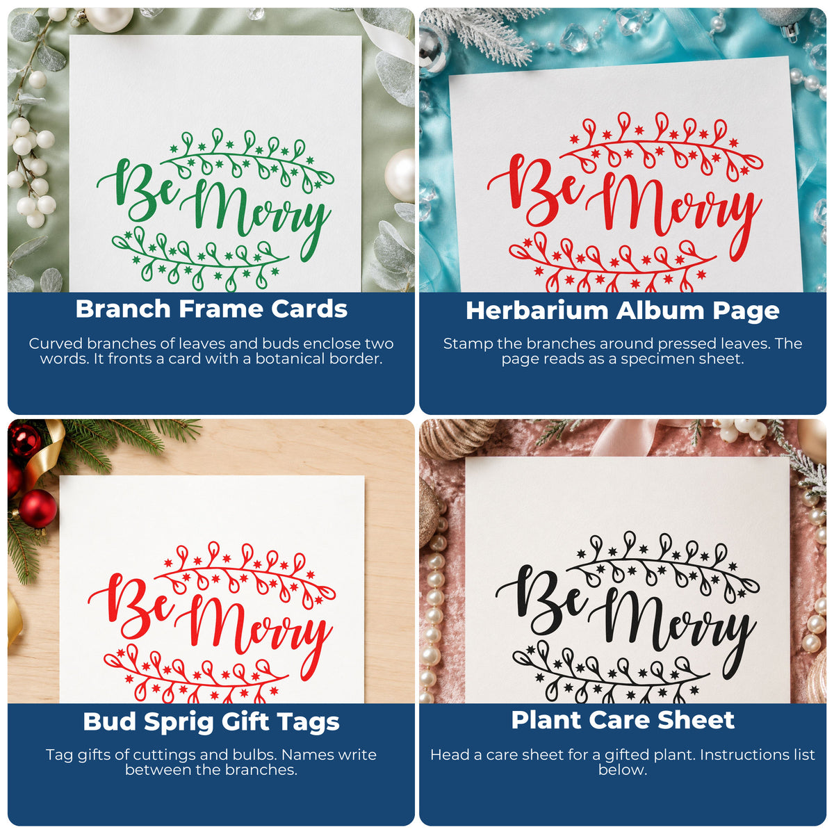 Four ways to use the Be Merry Botanical Border Pre-Inked Stamp – PSI: branch frame cards, herbarium album page, bud sprig gift tags and plant care sheet.