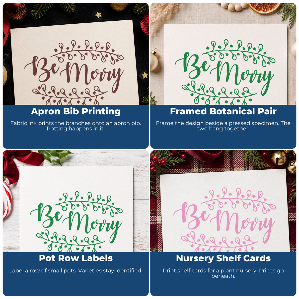 Four ways to use the Be Merry Botanical Border Rubber Stamp – Wood Handle: apron bib printing, framed botanical pair, pot row labels and nursery shelf cards.