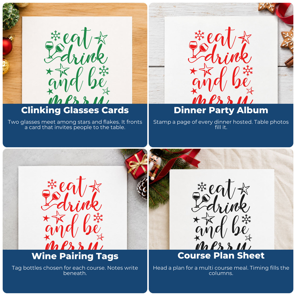 Four ways to use the Eat Drink And Be Merry Stamp - Premium Vintage Pro Wooden: clinking glasses cards, dinner party album, wine pairing tags and course plan sheet.