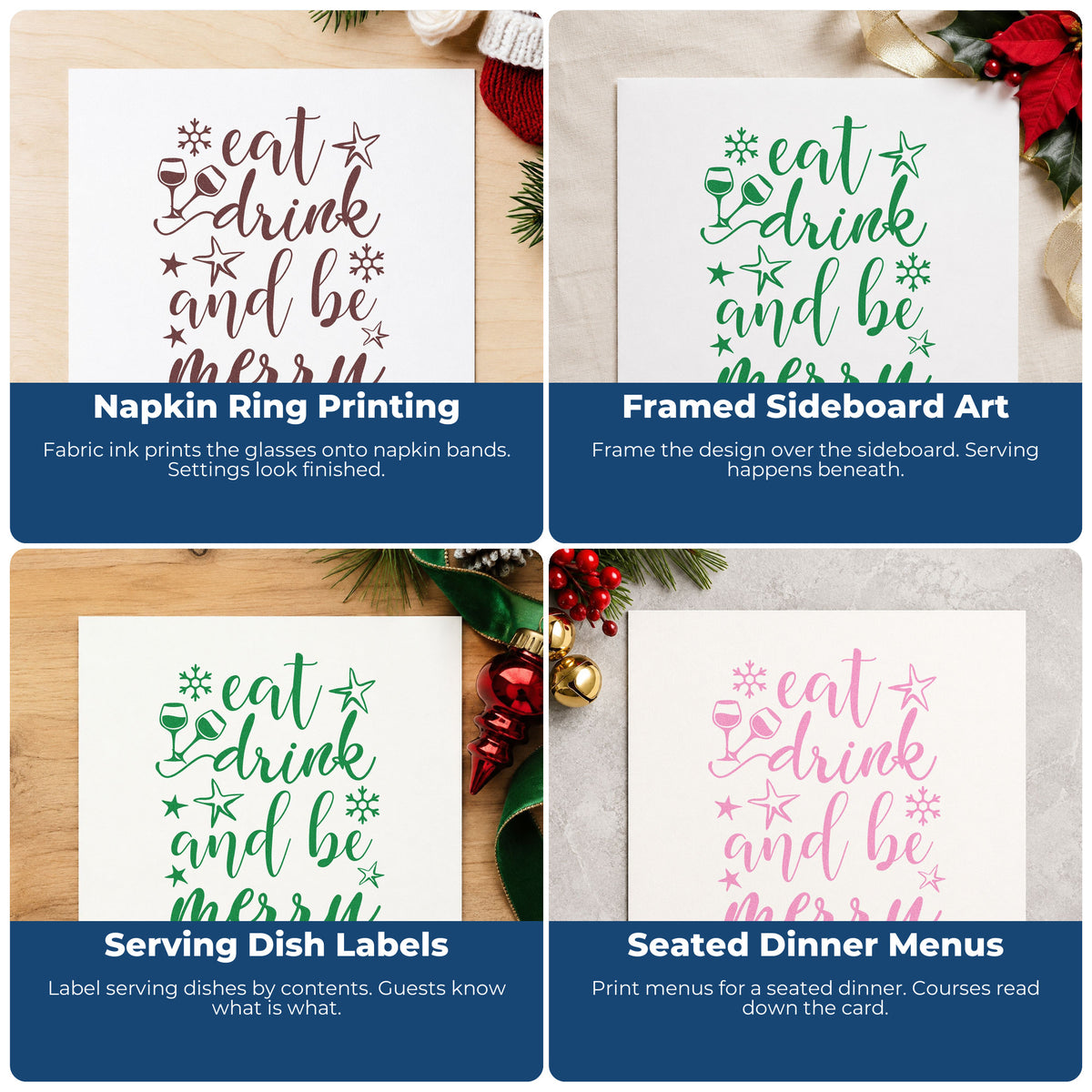 Four ways to use the Eat Drink And Be Merry Hand Stamp – Duo: napkin ring printing, framed sideboard art, serving dish labels and seated dinner menus.