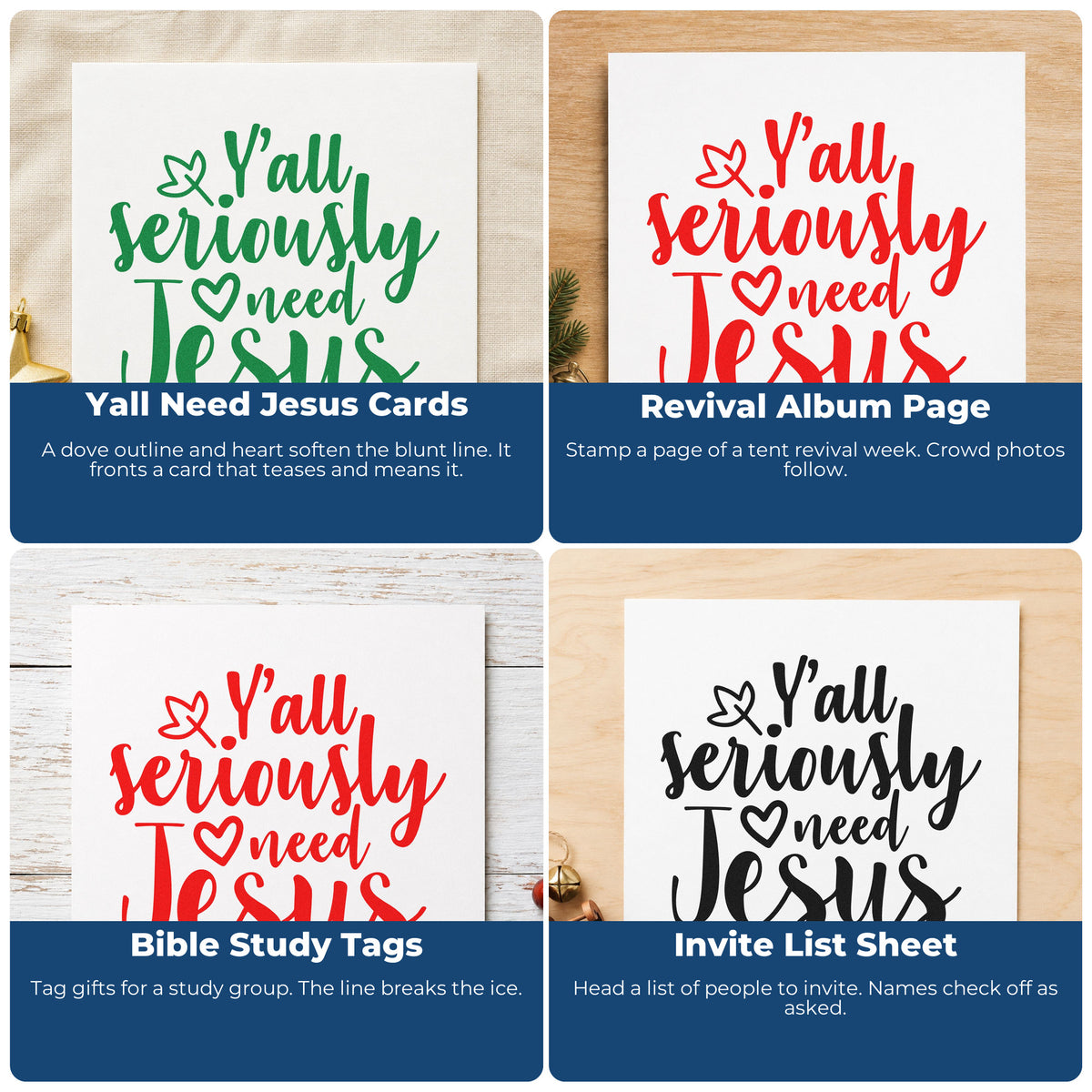 Four ways to use the Yall Seriously Need Jesus Pre-Inked Stamp – Slim: yall need jesus cards, revival album page, bible study tags and invite list sheet.