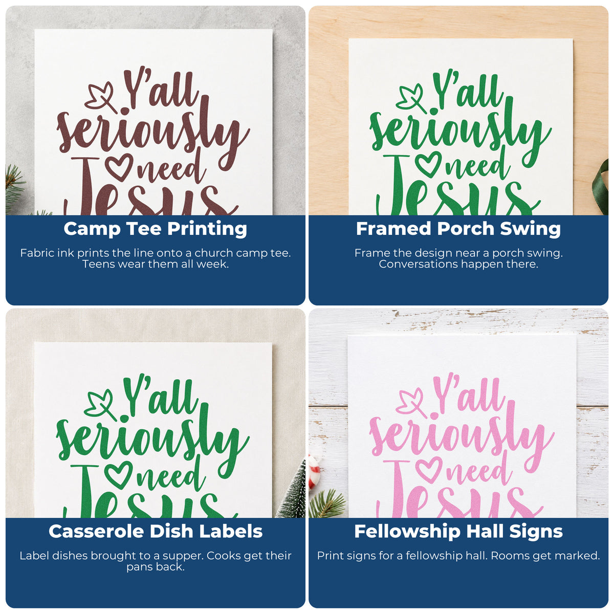 Four ways to use the Yall Seriously Need Jesus Rubber Stamp – Wood Handle: camp tee printing, framed porch swing, casserole dish labels and fellowship hall signs.
