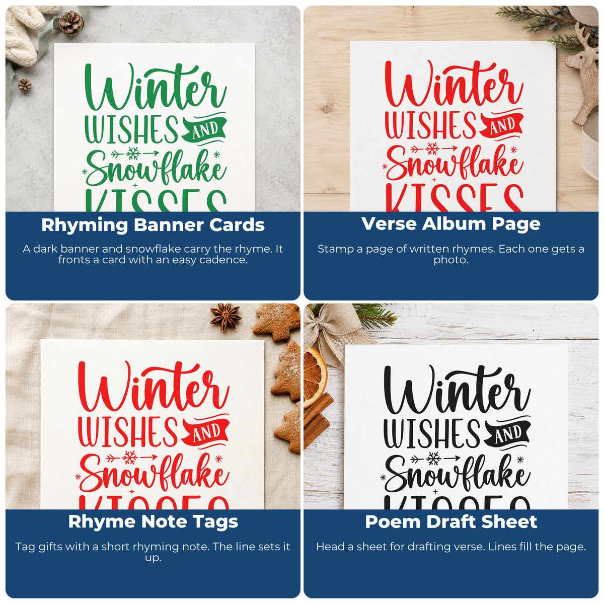 Four ways to use the Winter Wishes And Snowflake Kisses Duo Hand Stamp: rhyming banner cards, verse album page, rhyme note tags and poem draft sheet.