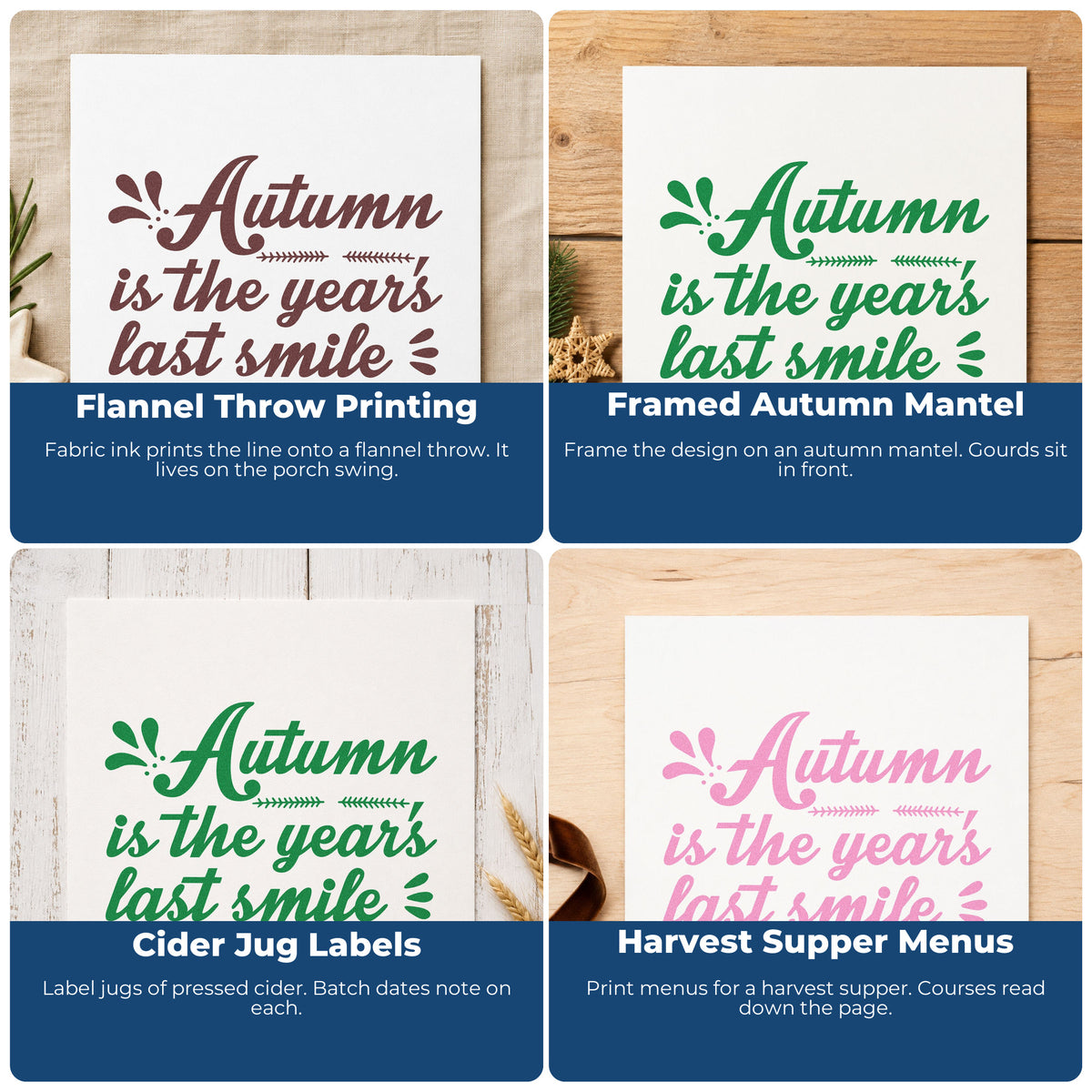 Four ways to use the Autumn Year's Last Smile Rubber Stamp – Duo Hand: flannel throw printing, framed autumn mantel, cider jug labels and harvest supper menus.