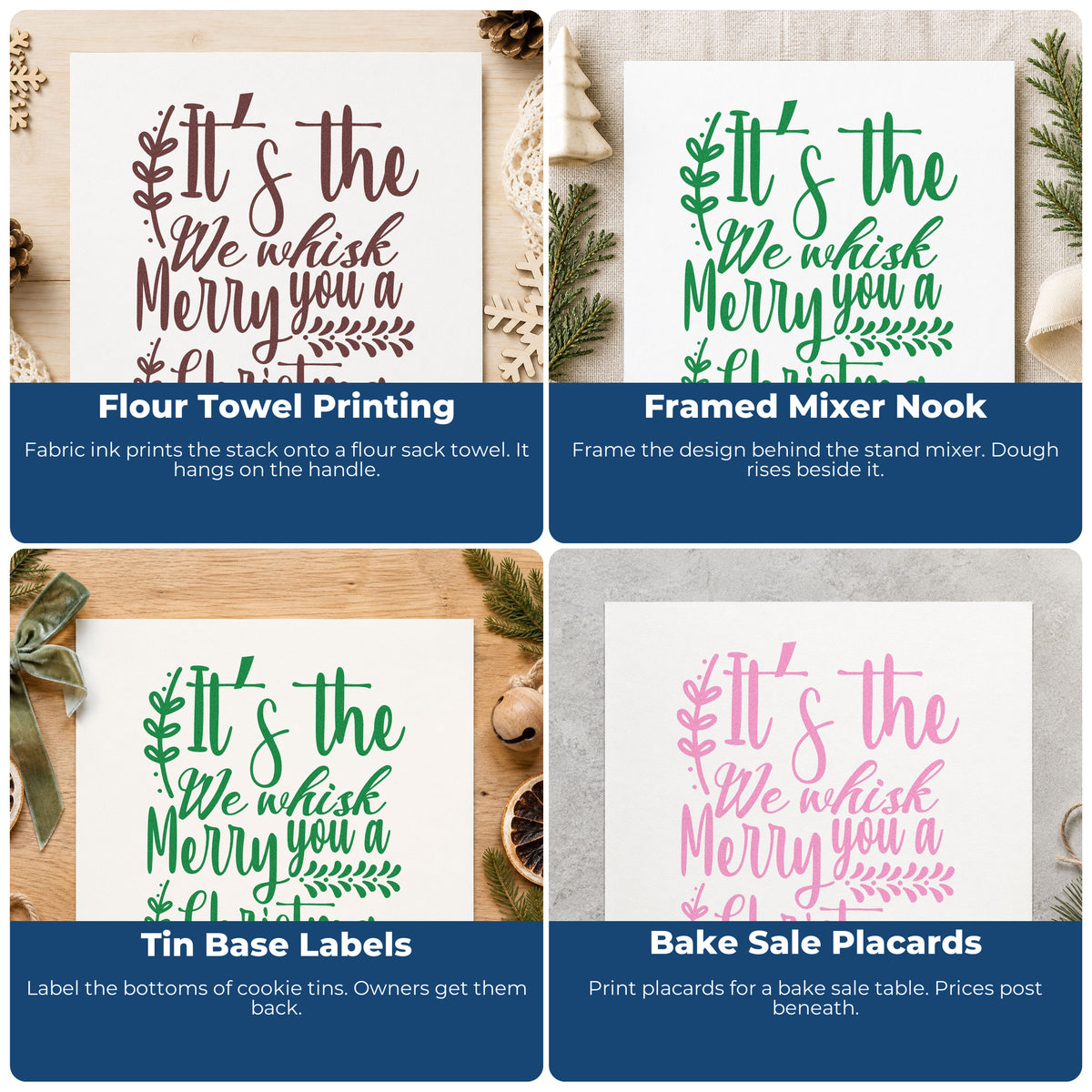Four ways to use the We Whisk Merry Christmas Botanical Sprig Self-Inking Stamp: flour towel printing, framed mixer nook, tin base labels and bake sale placards.