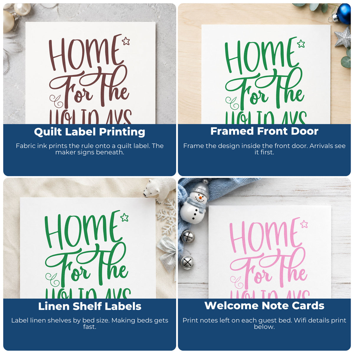 Four ways to use the Self-Inking Home For The Holidays Leaf Accents Stamp: quilt label printing, framed front door, linen shelf labels and welcome note cards.