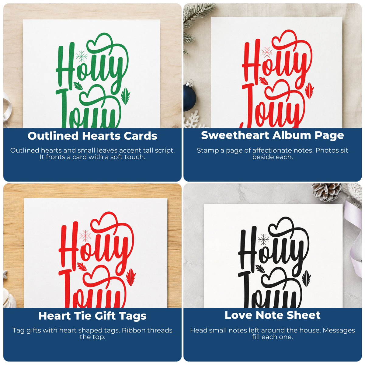 Four ways to use the Wood Handle Holly Jolly Hearts Rubber Stamp: outlined hearts cards, sweetheart album page, heart tie gift tags and love note sheet.