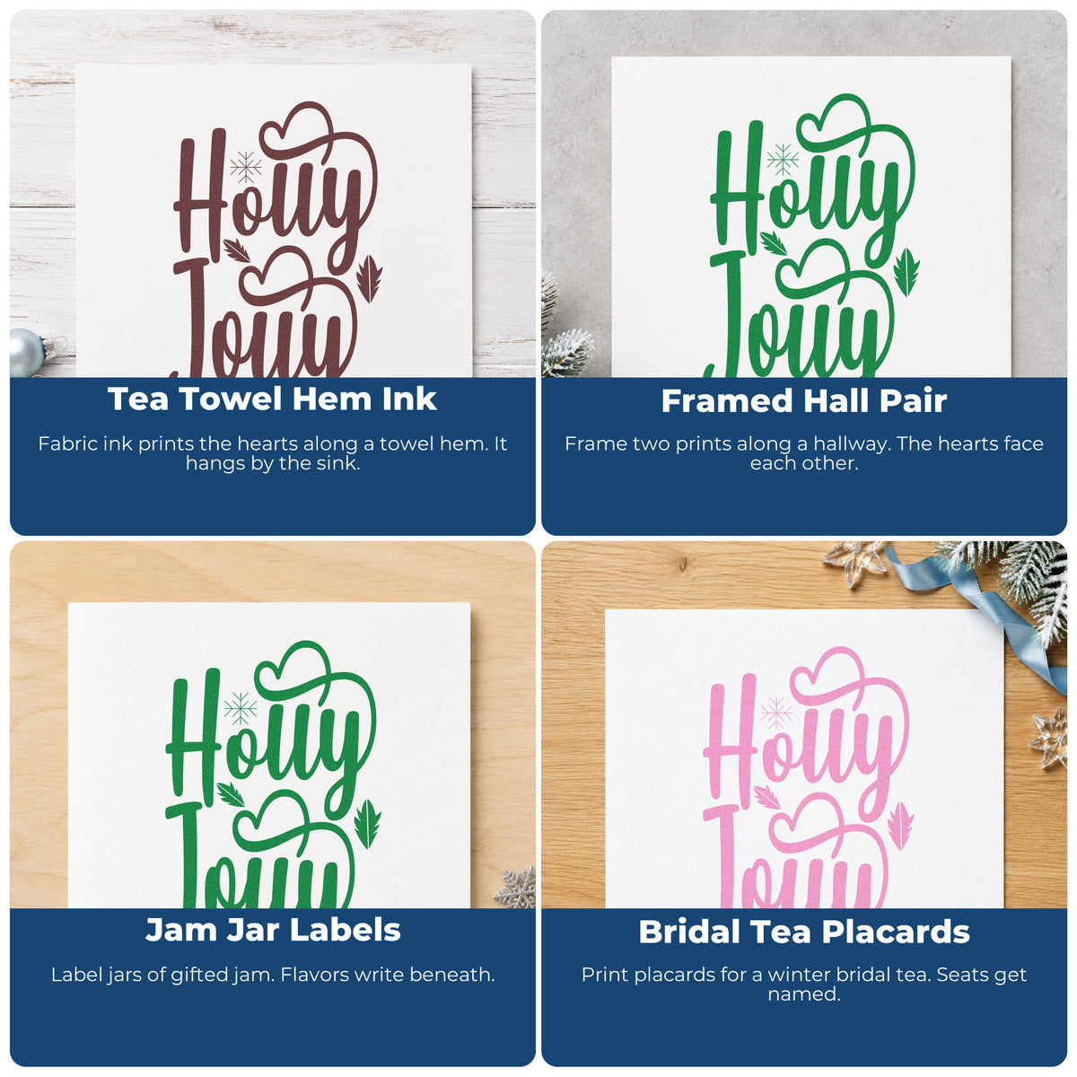 Four ways to use the Holly Jolly Hearts Rubber Stamp – Duo Hand: tea towel hem ink, framed hall pair, jam jar labels and bridal tea placards.