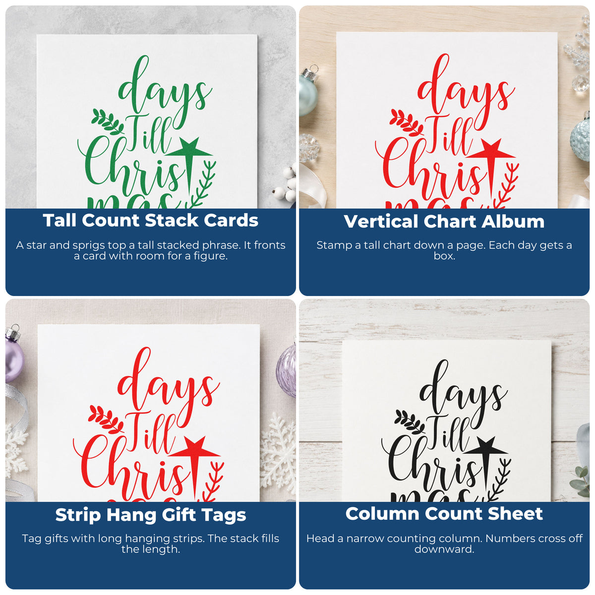 Four ways to use the Days Till Christmas Botanical Sprig Stamp – PSI Pre-Inked: tall count stack cards, vertical chart album, strip hang gift tags and column count sheet.