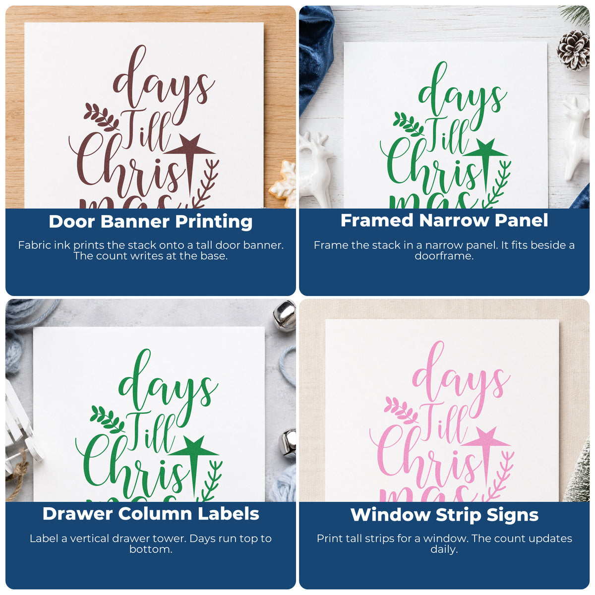 Four ways to use the Days Till Christmas Botanical Sprig Stamp - Premium Vintage Pro Wooden: door banner printing, framed narrow panel, drawer column labels and window strip signs.