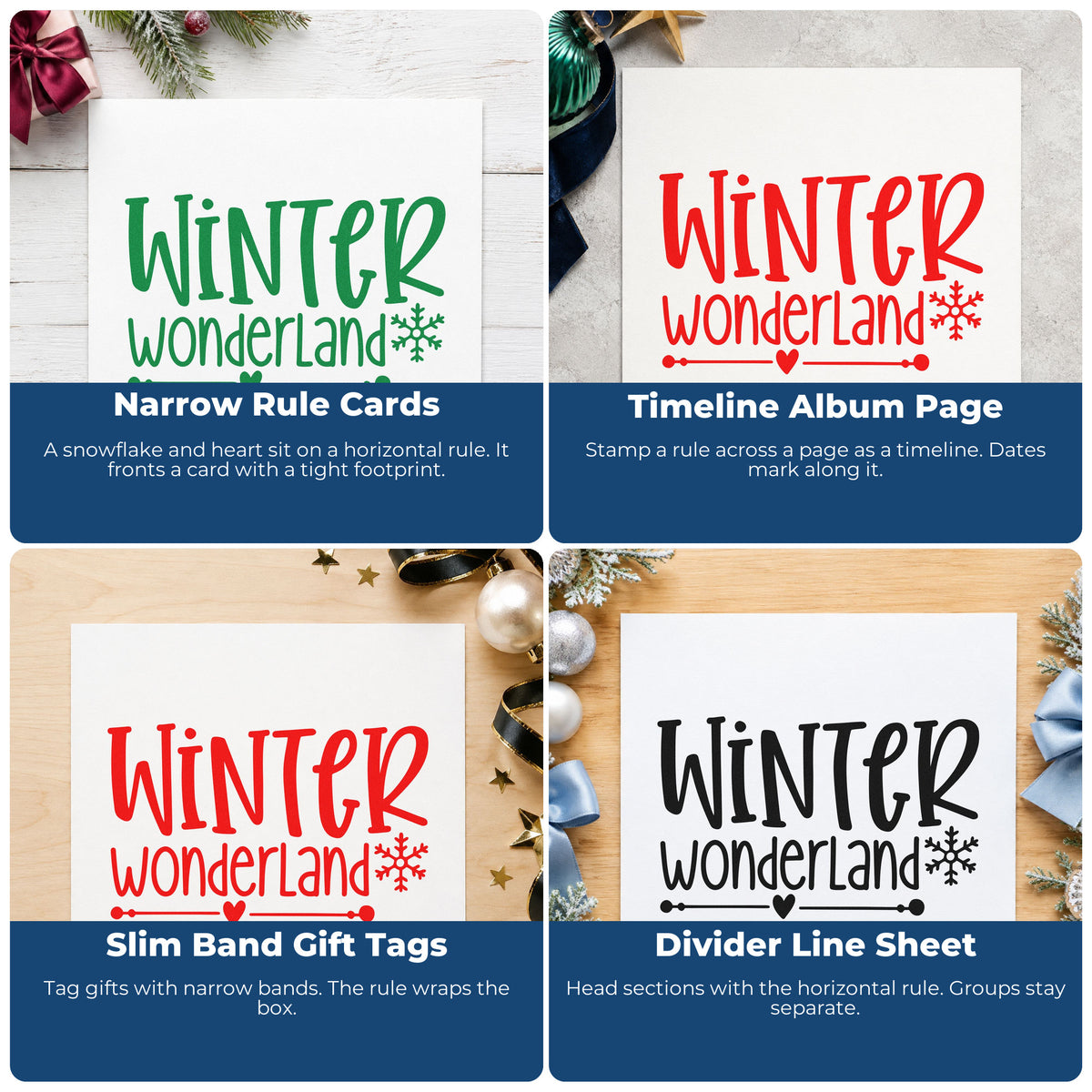 Four ways to use the Winter Wonderland Snowflake Stamp – Self-Inking: narrow rule cards, timeline album page, slim band gift tags and divider line sheet.