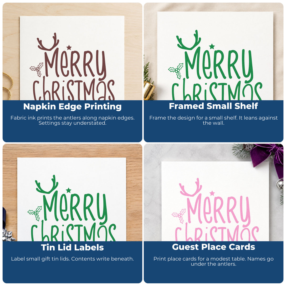 Four ways to use the Merry Christmas Antlers Holly With Stars Self-Inking Stamp: napkin edge printing, framed small shelf, tin lid labels and guest place cards.