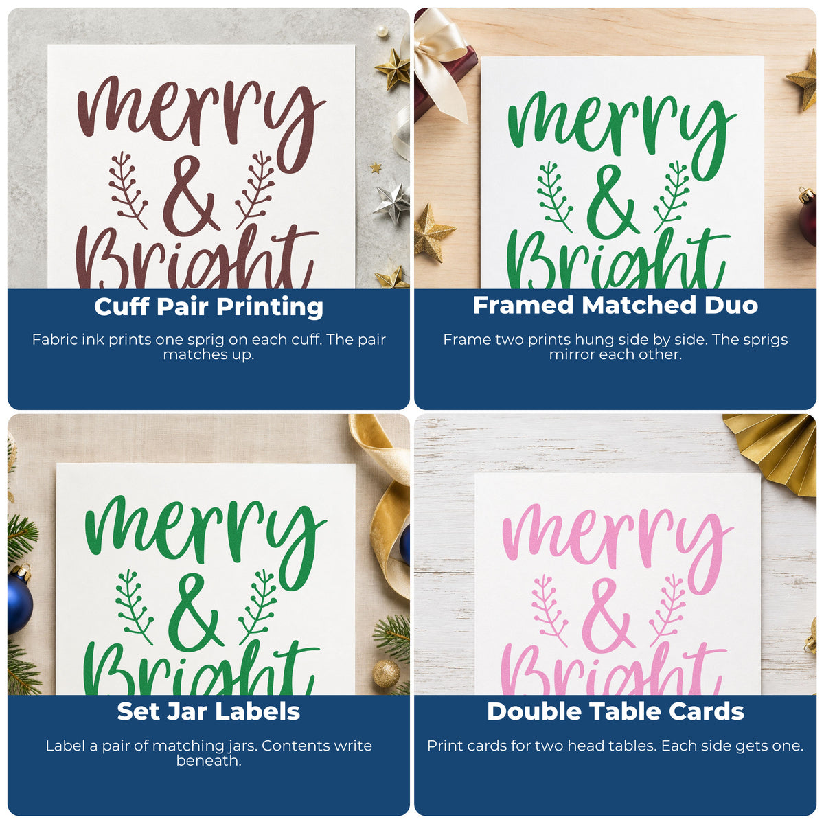 Four ways to use the Merry And Bright Leafy Sprigs Rubber Stamp – Wood Handle: cuff pair printing, framed matched duo, set jar labels and double table cards.