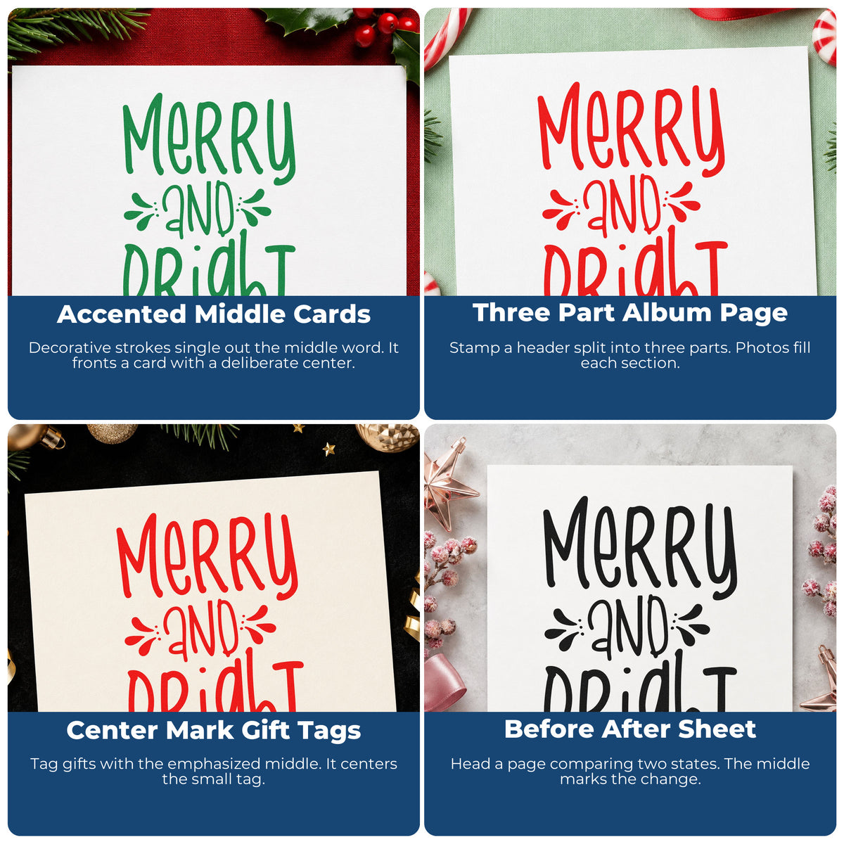 Four ways to use the Merry And Bright Tall Letters Lettering Stamp - Premium Vintage Pro Wooden: accented middle cards, three part album page, center mark gift tags and before after sheet.