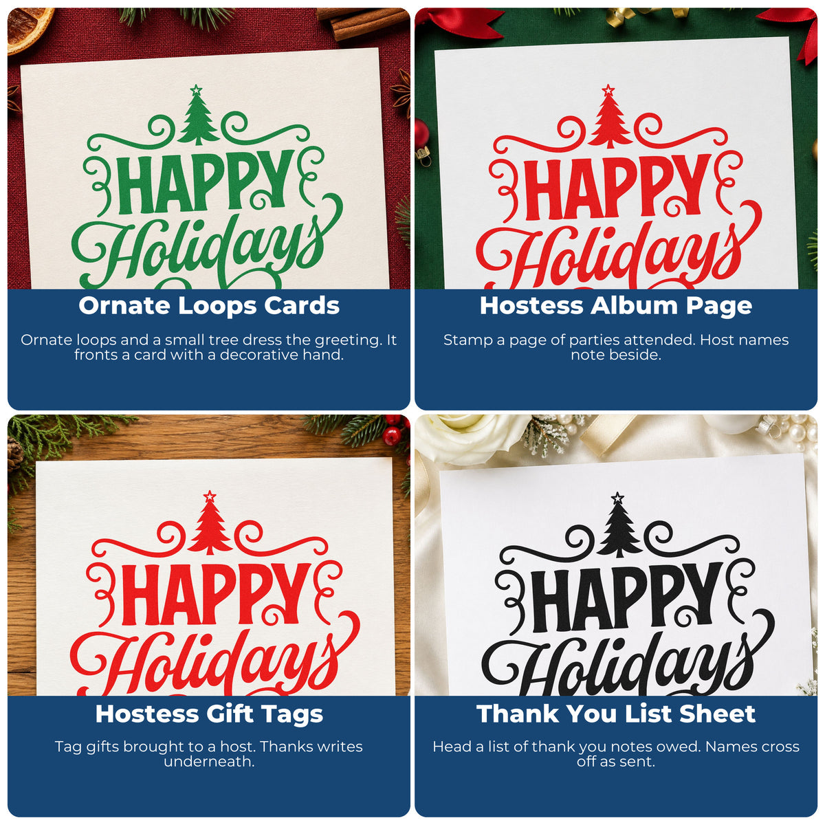 Four ways to use the Happy Holidays Tree Flourishes Lettering Flourish Rubber Stamp – Duo Hand: ornate loops cards, hostess album page, hostess gift tags and thank you list sheet.