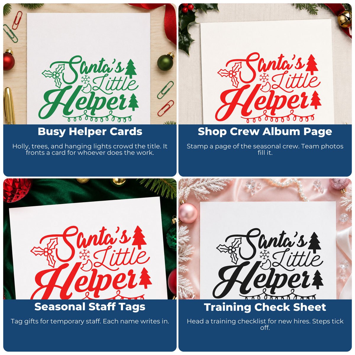 Four ways to use the Santa's Little Helper Lights Premium Wood-Mounted Stamp - Vintage Pro: busy helper cards, shop crew album page, seasonal staff tags and training check sheet.