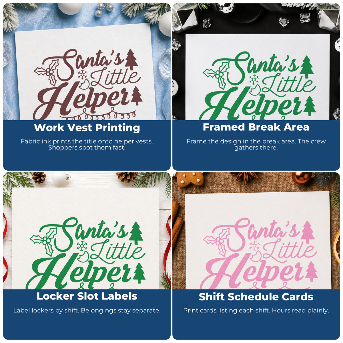 Four ways to use the Santa's Little Helper Lights Stamp – Self-Inking: work vest printing, framed break area, locker slot labels and shift schedule cards.