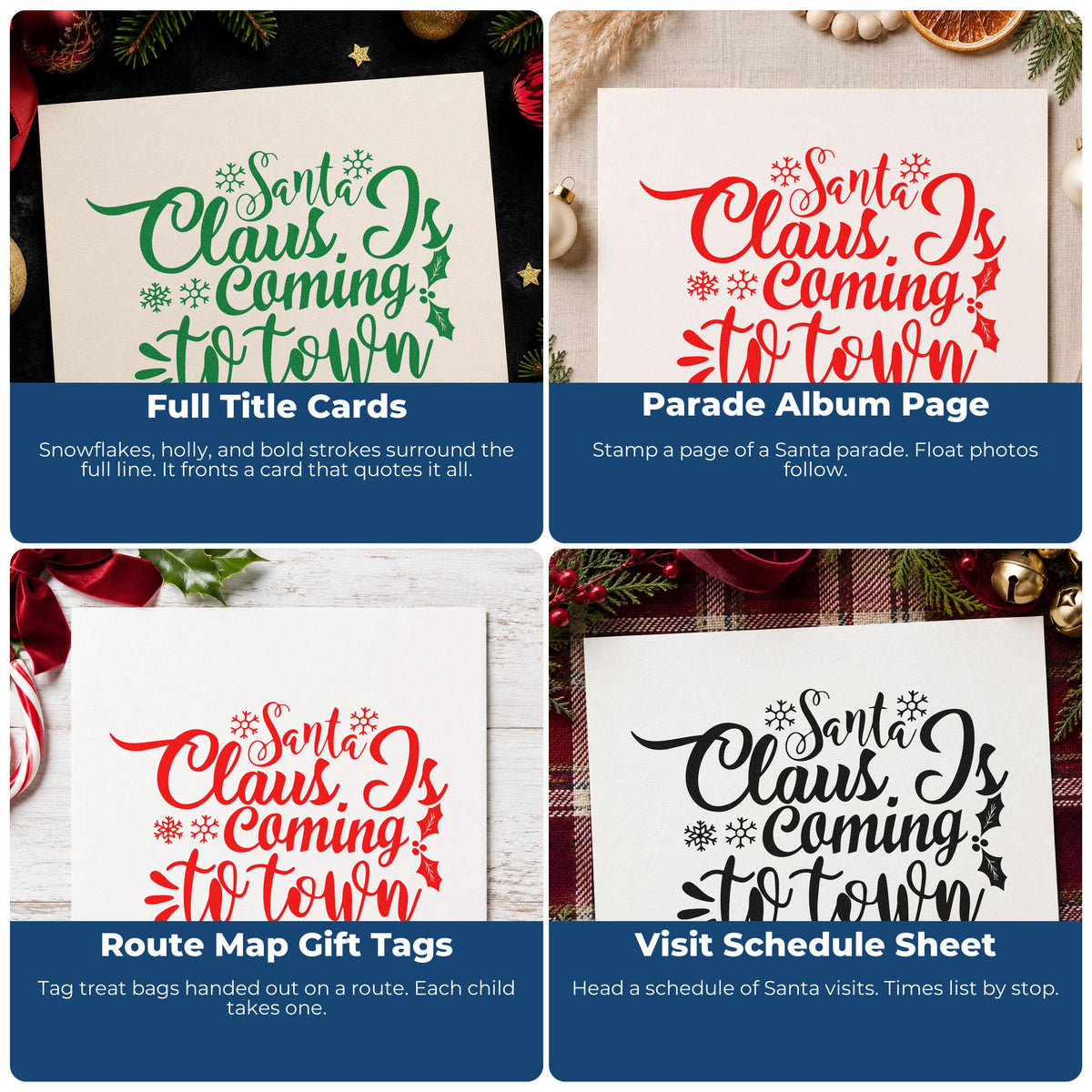 Four ways to use the Santa Claus Is Coming To Town Craft Stamp – Self-Inking: full title cards, parade album page, route map gift tags and visit schedule sheet.