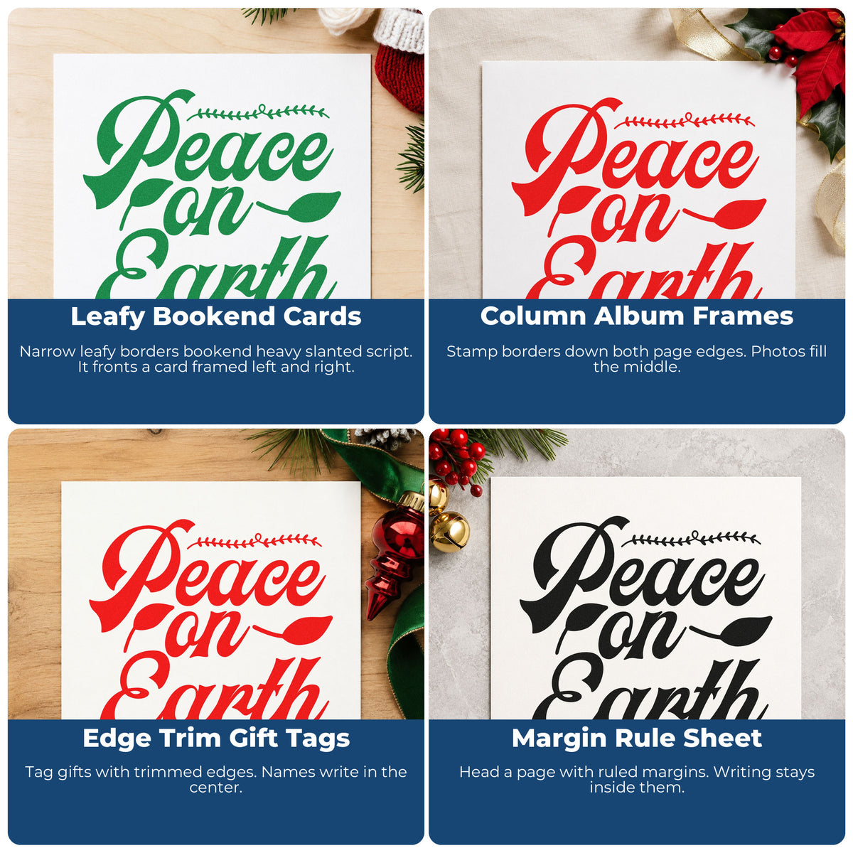 Four ways to use the Peace On Earth Leaf Borders PSI Pre-Inked Stamp: leafy bookend cards, column album frames, edge trim gift tags and margin rule sheet.
