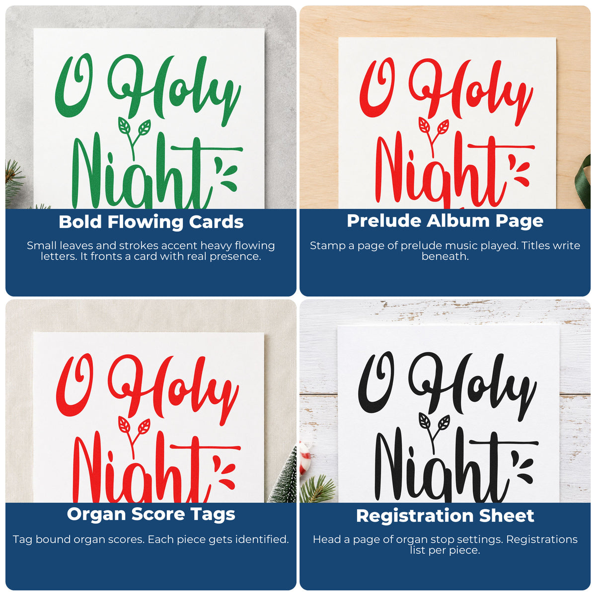 Four ways to use the O Holy Night Leaves Stamp – Self-Inking: bold flowing cards, prelude album page, organ score tags and registration sheet.