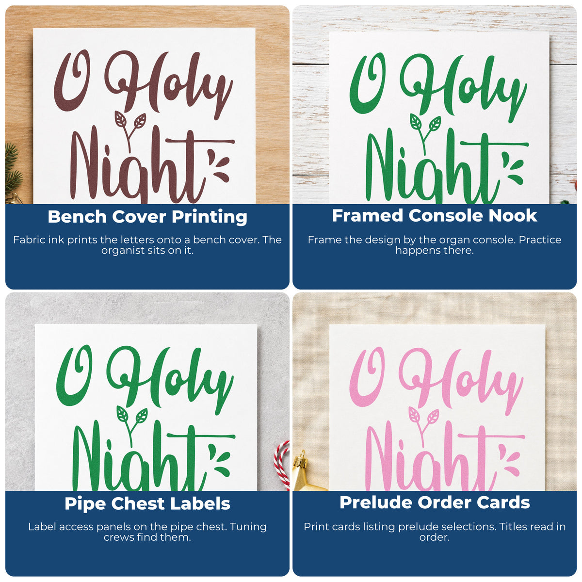 Four ways to use the O Holy Night Leaves Stamp – Self-Inking: bench cover printing, framed console nook, pipe chest labels and prelude order cards.