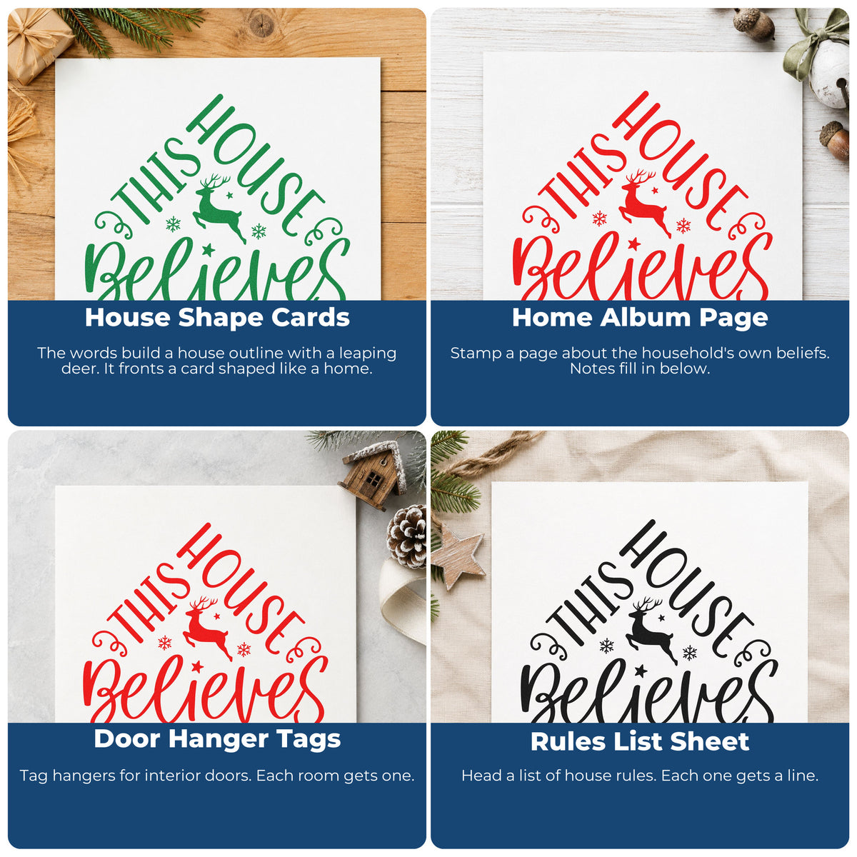 Four ways to use the This House Believes Reindeer Hand Stamp – Duo: house shape cards, home album page, door hanger tags and rules list sheet.